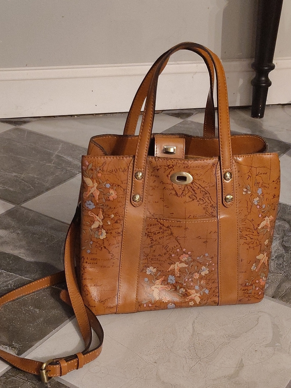 PATRICIA NASH Tan Floral Embossed Leather Tote Bag Excellent Condition